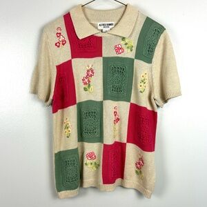 Vintage Sweater Large Petite Crochet Patchwork Floral Cottage Granny Embroidered